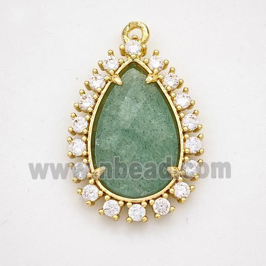 Green Strawberry Quartz Teardrop Pendant Copper Pave Zirconia Gold Plated