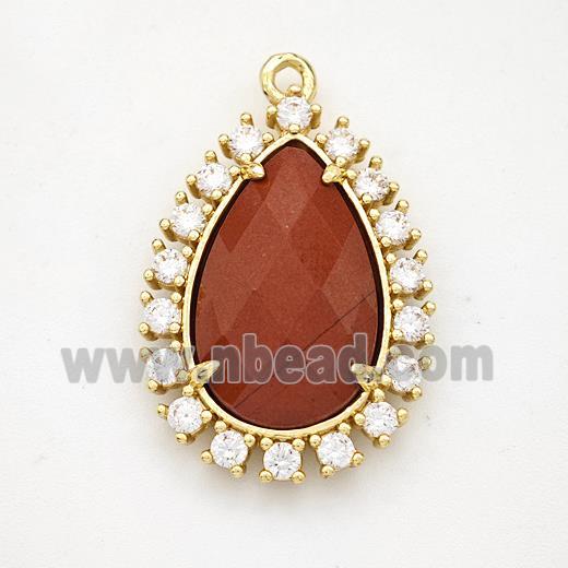 Red Jasper Teardrop Pendant Copper Pave Zirconia Gold Plated