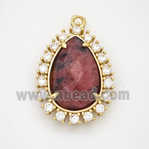 Red Rhodonite Teardrop Pendant Copper Pave Zirconia Gold Plated