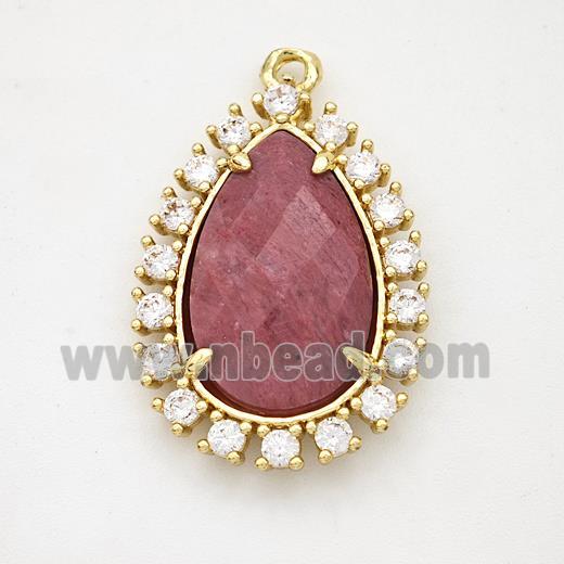 Pink Wood Lace Jasper Teardrop Pendant Copper Pave Zirconia Gold Plated