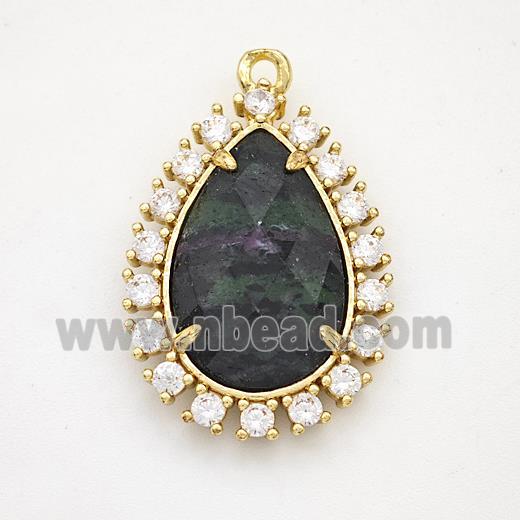 Green Zoisite Teardrop Pendant Copper Pave Zirconia Gold Plated