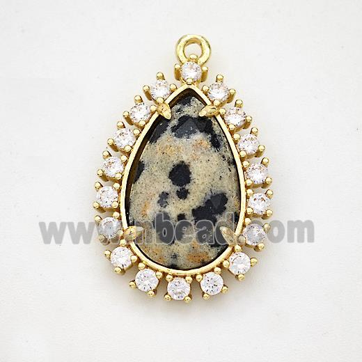 Black Dalmatian Jasper Teardrop Pendant Copper Pave Zirconia Gold Plated