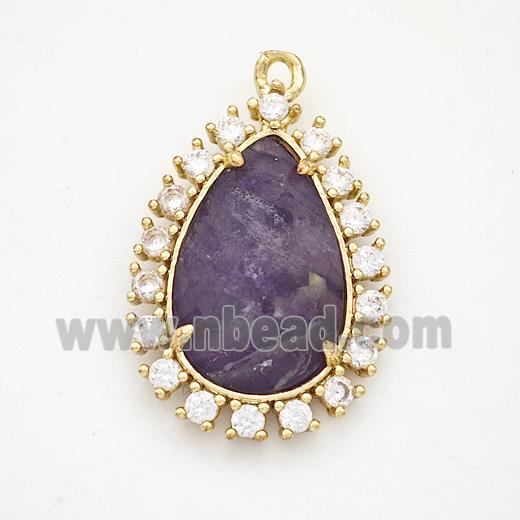 Purple Fluorite Teardrop Pendant Copper Pave Zirconia Gold Plated