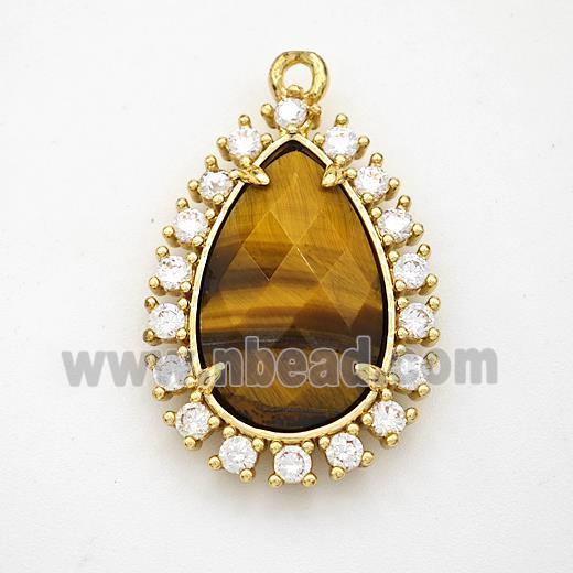 Tiger Eye Stone Teardrop Pendant Copper Pave Zirconia Gold Plated