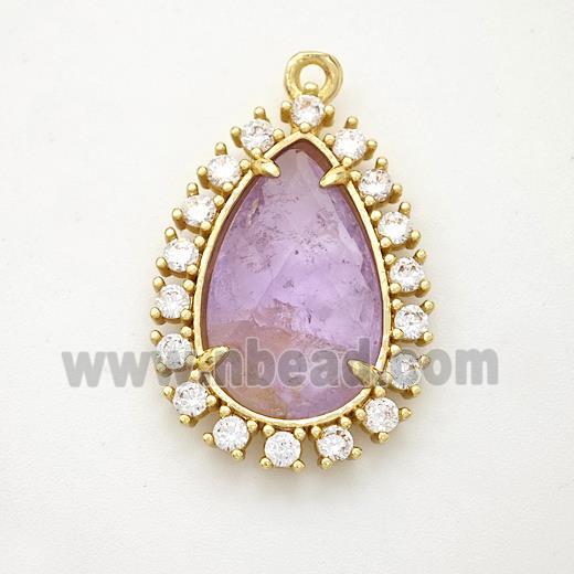 Lt.purple Amethyst Teardrop Pendant Copper Pave Zirconia Gold Plated