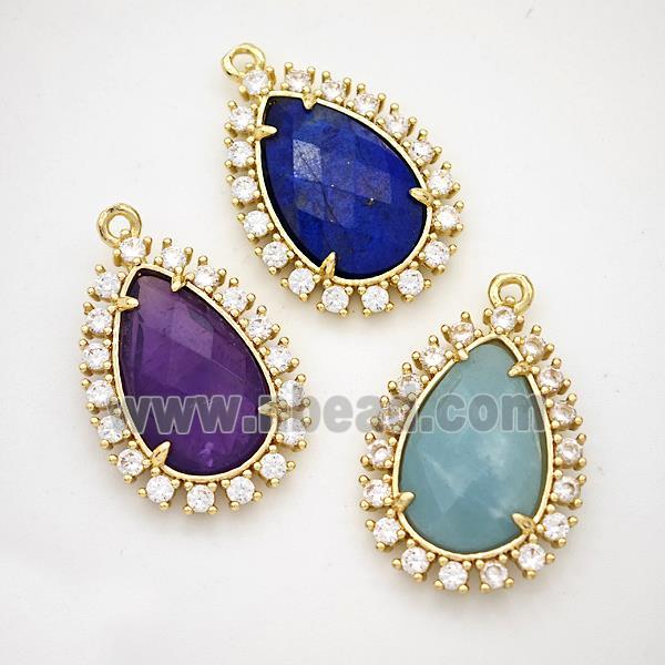 Gemstone Teardrop Pendant Copper Pave Zirconia Gold Plated Mixed