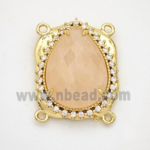 Pink Rose Quartz Teardrop Connector Copper Pave Zirconia Gold Plated