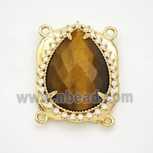 Tiger Eye Stone Teardrop Connector Copper Pave Zirconia Gold Plated