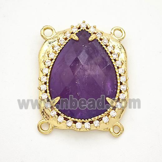 Purple Amethyst Teardrop Connector Copper Pave Zirconia Gold Plated