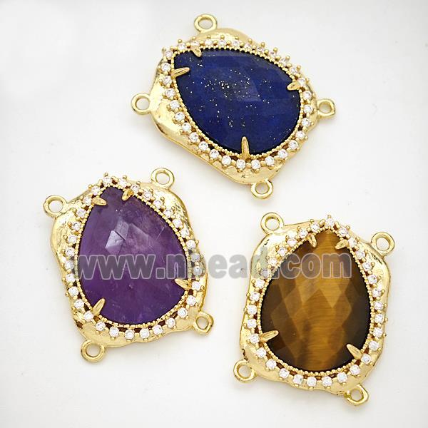 Natural Gemstone Teardrop Connector Copper Pave Zirconia Gold Plated Mixed