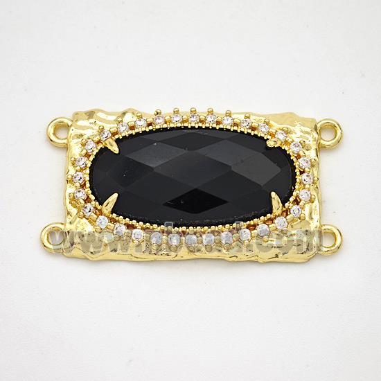 Black Obsidian Oval Connector Copper Pave Zirconia Gold Plated