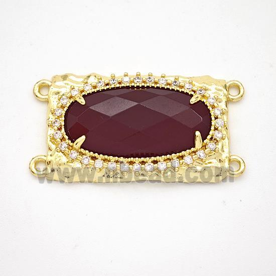 Darkred Dye Jade Oval Connector Copper Pave Zirconia Gold Plated