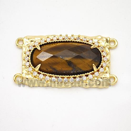 Tiger Eye Stone Oval Connector Copper Pave Zirconia Gold Plated