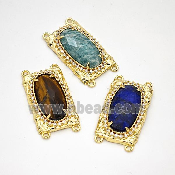 Natural Gemstone Oval Connector Copper Pave Zirconia Gold Plated Mixed