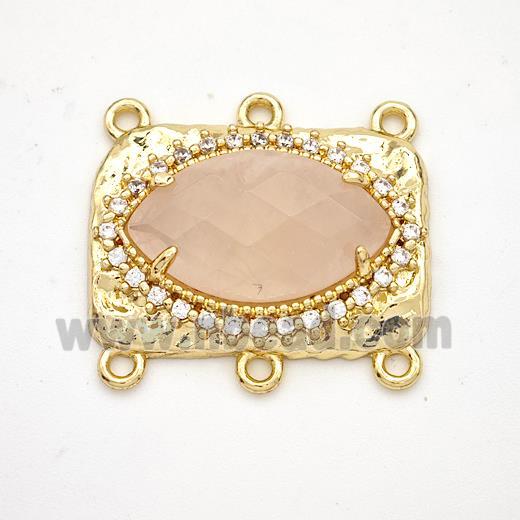 Pink Rose Quartz Eye Connector Copper Pave Zirconia Gold Plated