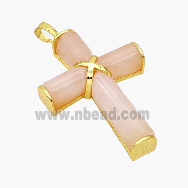 Natural Pink Rose Quartz Cross Pendant Alloy Gold Plated