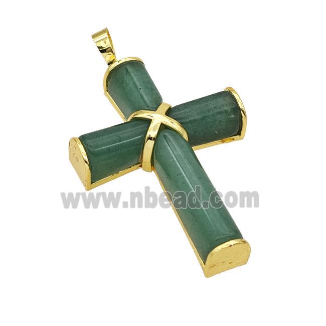 Natural Green Aventurine Cross Pendant Alloy Gold Plated