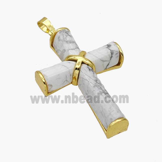 Natural White Howlite Turquoise Cross Pendant Alloy Gold Plated