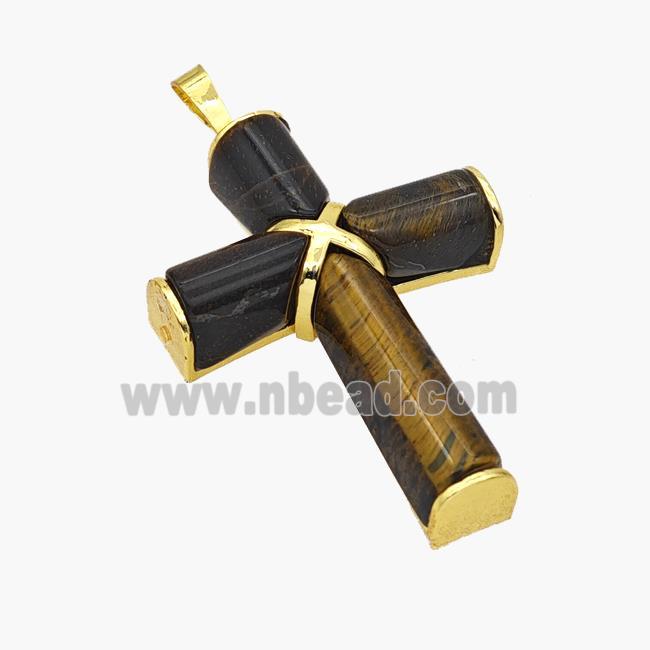 Natural Tiger Eye Stone Cross Pendant Alloy Gold Plated