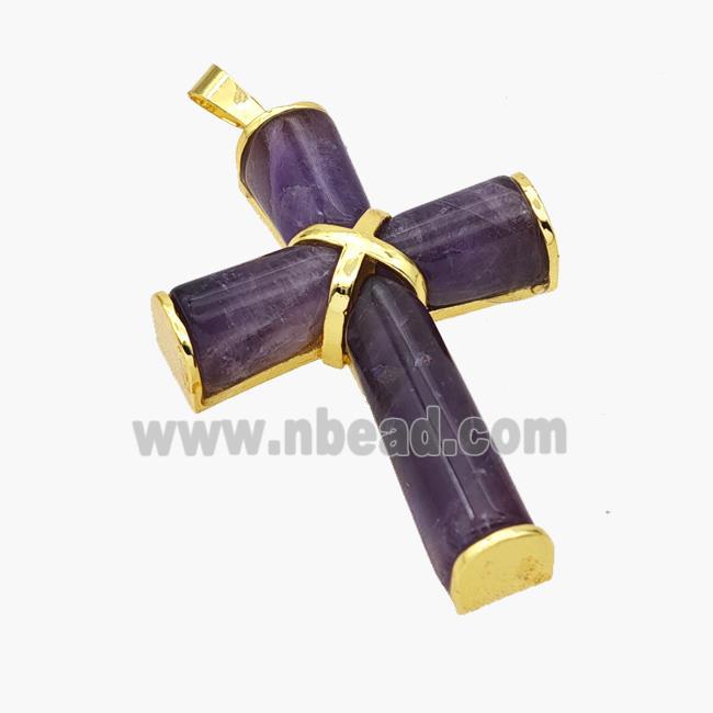 Natural Amethyst Cross Pendant Alloy Gold Plated