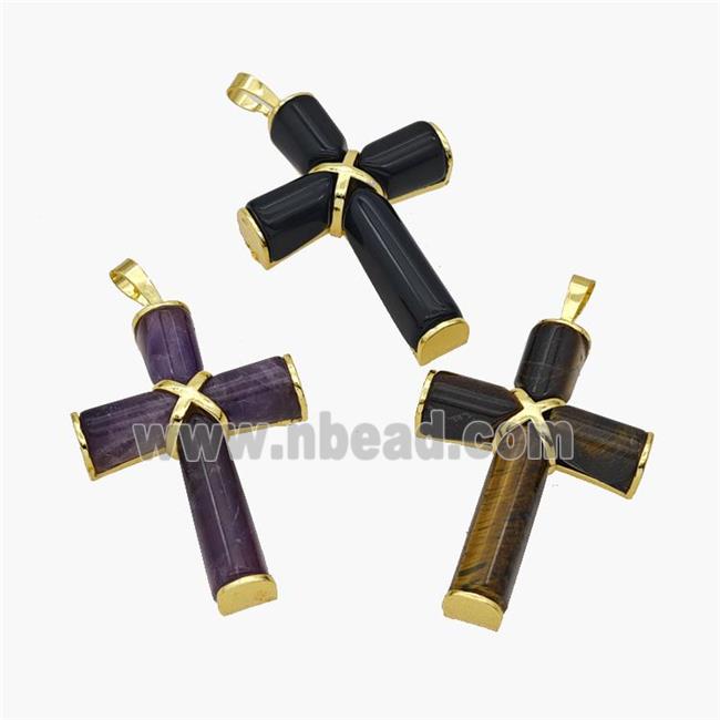 Natural Gemstone Cross Pendant Alloy Gold Plated Mixed