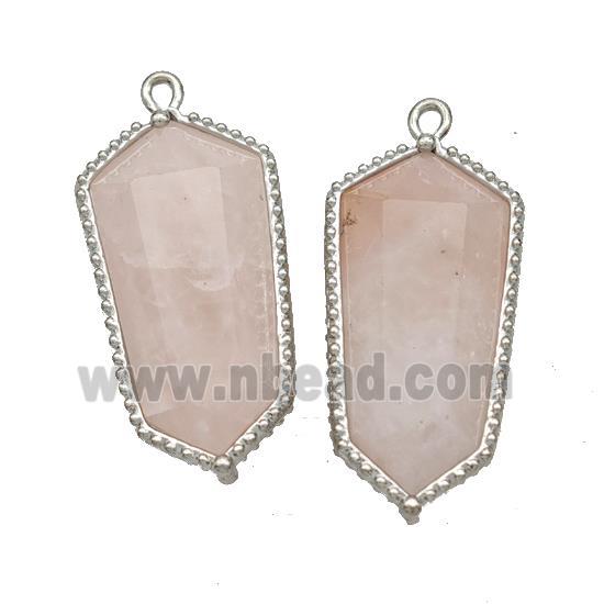 Natural Pink Rose Quartz Prism Pendant Platinum Plated