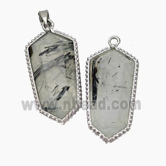 Natural Black Rutilated Quartz Prism Pendant Platinum Plated