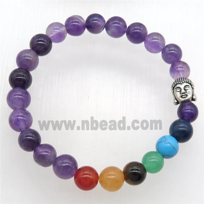 Chakra Bracelets with amethyst, buddha, stretchy