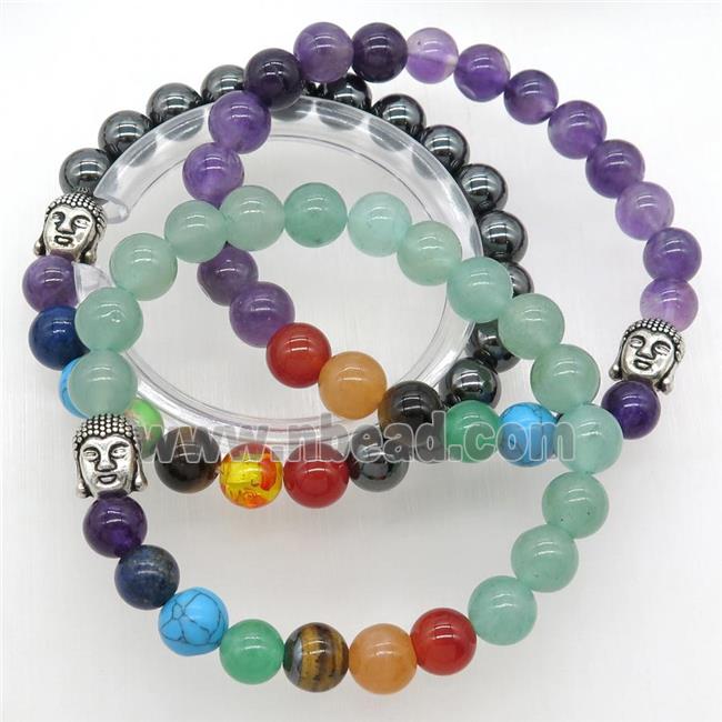 Chakra Bracelets with gemstone, buddha, mixed, stretchy