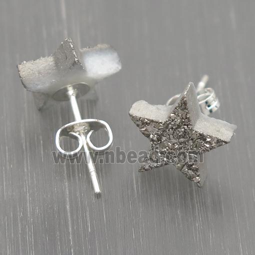 silver Quartz Druzy Stud Earrings, star