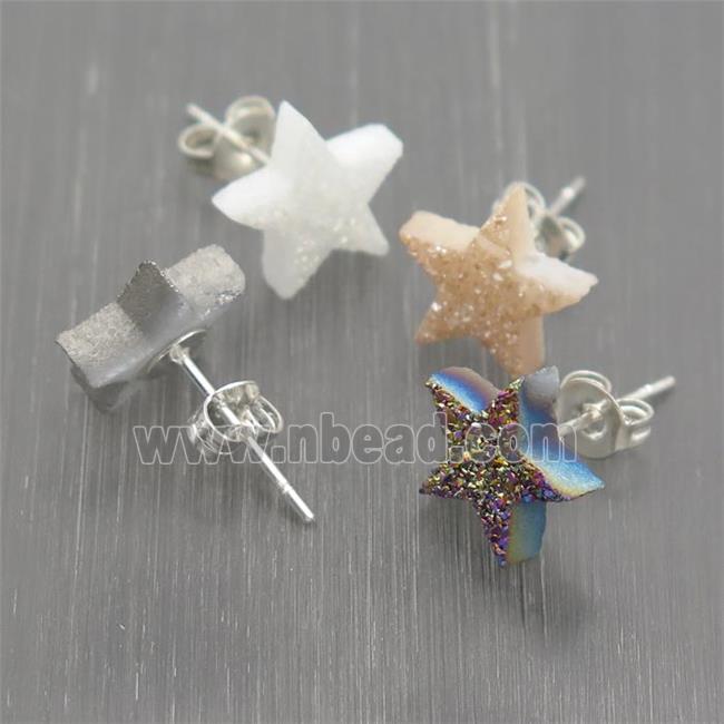 Quartz Druzy Star Stud Earrings, mix color, platinum plated