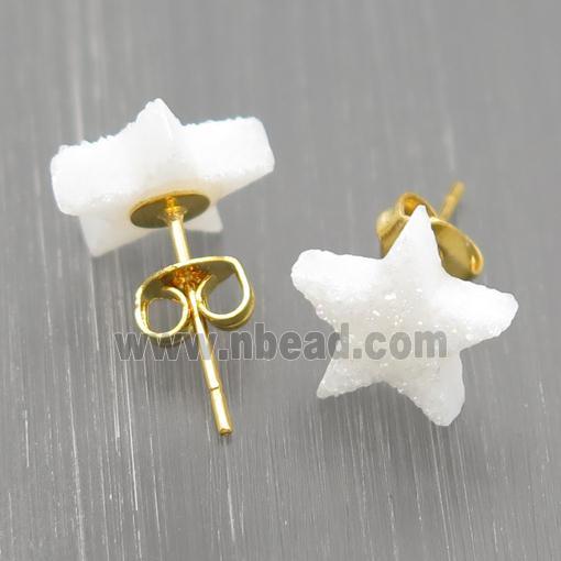 white Star Quartz Druzy Stud Earrings, gold plated