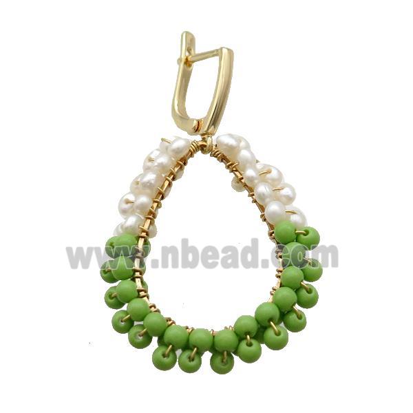 White Green Pearlized Glass Copper Latchback Earring Gold Plated