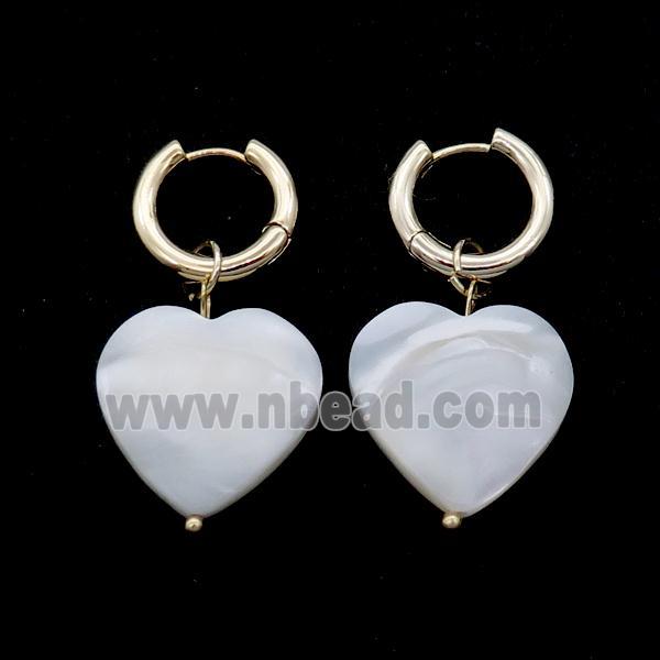 White MOP Shell Copper Hoop Earring Heart Gold Plated