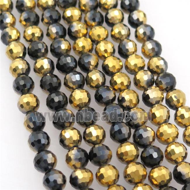 black Chinese Crystal Glass Beads, faceted round, half gold plated