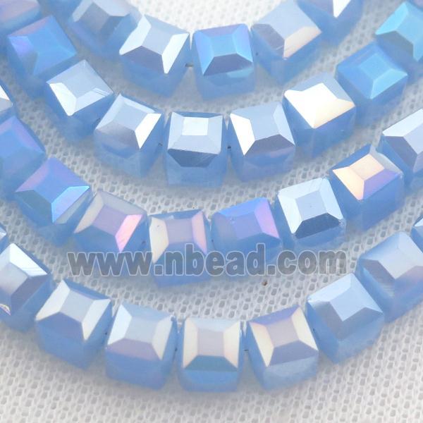 Jadeite Glass Beads, faceted cube, blue AB-color