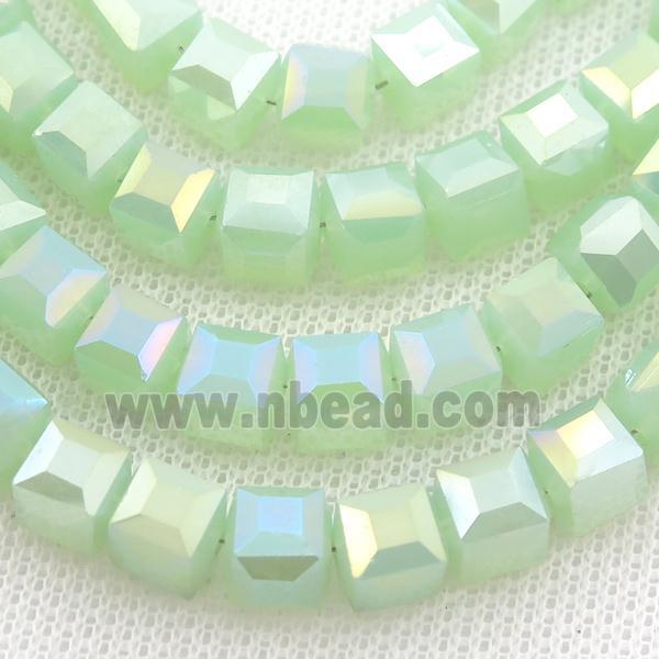 Jadeite Glass Beads, faceted cube, green AB-color