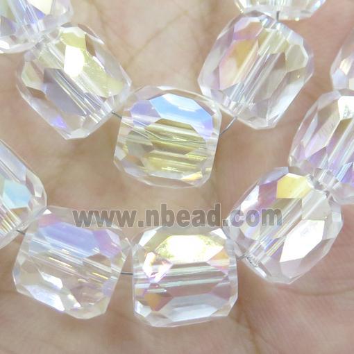 Crystal Glass Beads, faceted barrel, clear AB-color