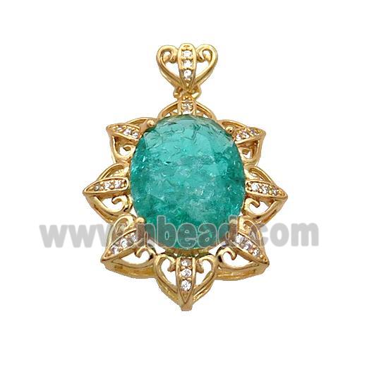 Copper Flower Pendant Pave Green Crystal Glass Gold Plated