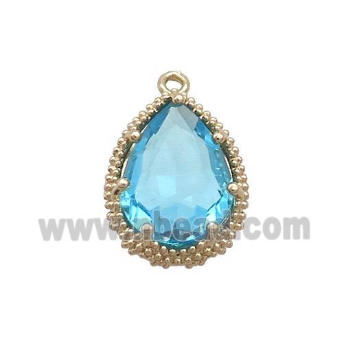 Copper Teardrop Pendant Pave Aqua Crystal Glass Gold Plated