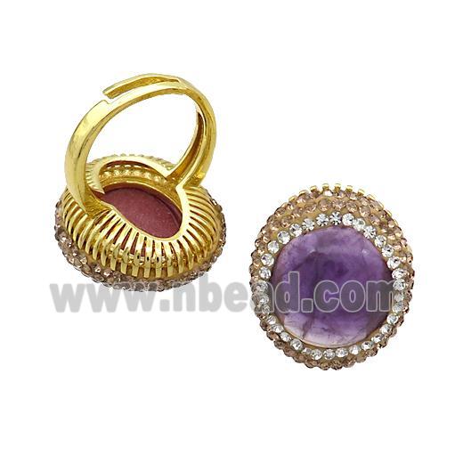 Amethyst Ring Pave Rhinestone Adjustable Gold Plated