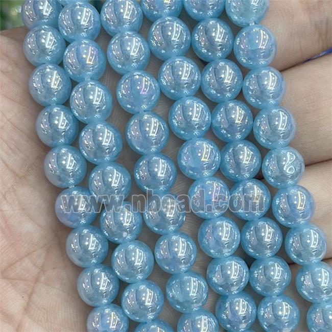 Blue Jadeite Glass Beads Smooth Round Electroplated