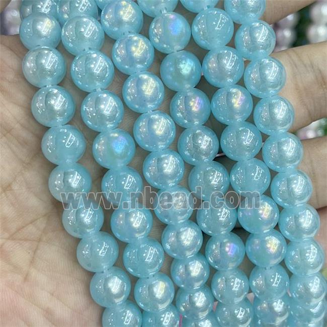 Blue Jadeite Glass Beads Smooth Round Electroplated