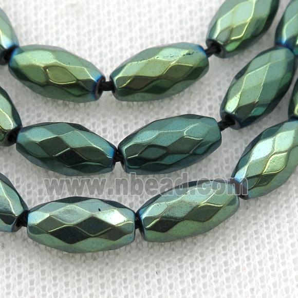 Hematite beads, faceted rice, green electroplated