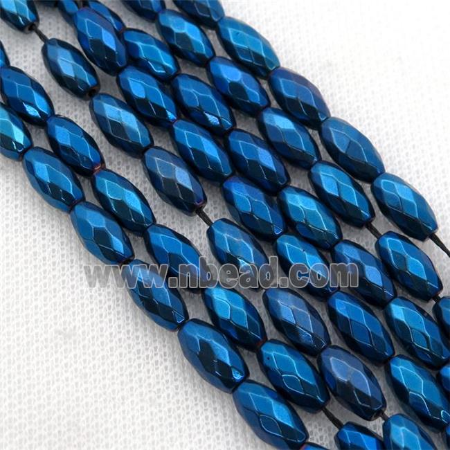 Hematite beads, faceted rice, blue electroplated