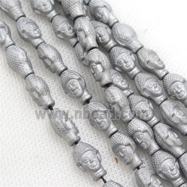 matte Hematite buddha beads, platinum electroplated