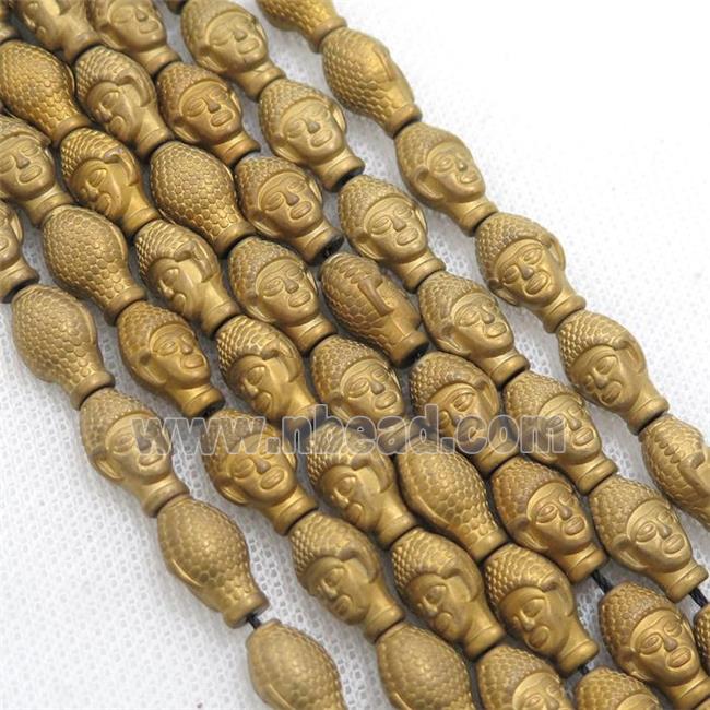 matte Hematite buddha beads, gold electroplated