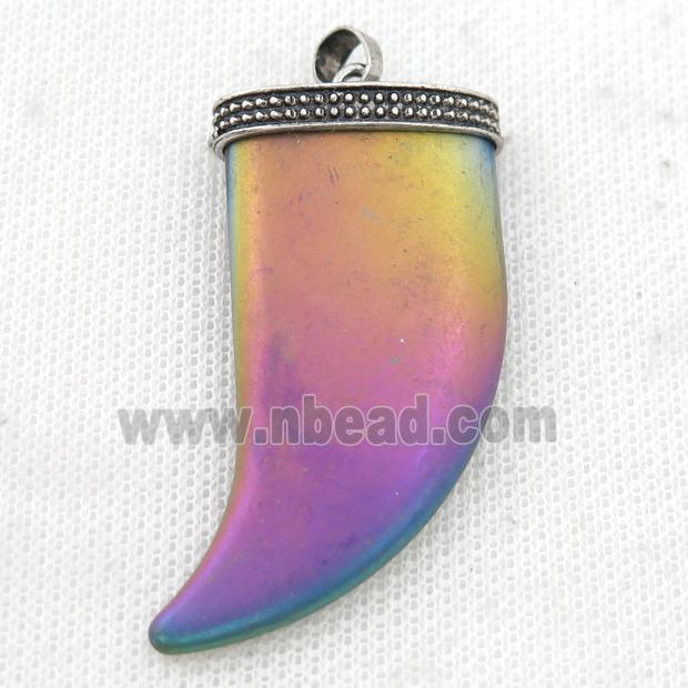 matte Hematite horn pendant, rainbow electroplated