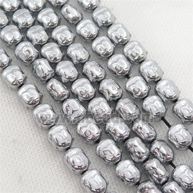 Hematite buddha beads, platinum electroplated