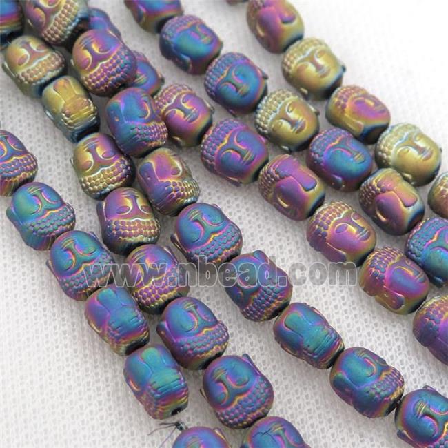 matte Hematite buddha beads, rainbow electroplated